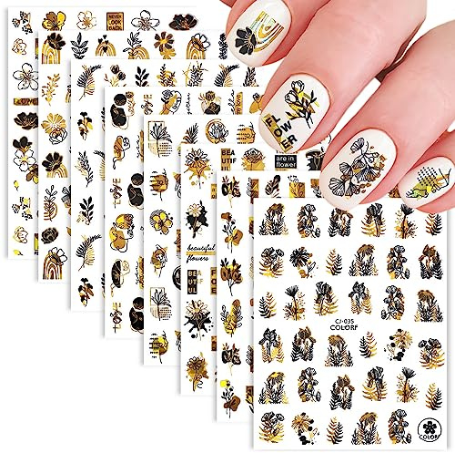 Nagelsticker Selbstklebend, 8 Blatt Gold Schwarze Nagelaufkleber, Nail Sticker Blumen Laub, Nageldesign Sticker für Mädchen Frauen DIY Nail Art Dekoration