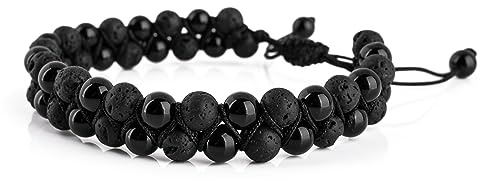 Akitsune Sensei Perlenarmband | Elastisches Armband Armschmuck Damen Herren Halbedelsteine 6 mm Beads - Onyx mit Lavastein