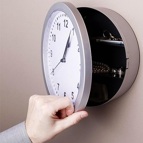 Wall Clock with Hidden Safe, 10 inch Plastic Secret Safe Wall Clock for Living Room Decor, Vintage Decor Clock Diversion Safe with Hidden Compartment, Cool Stuff for Your Room (Silver)