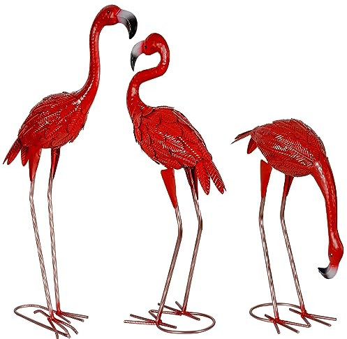 3 pezzi Fenicottero Statue da Giardino Metallo Rosso Fenicottero Sculture da Esterno per Casa Patio Prato Cortile Arredamento