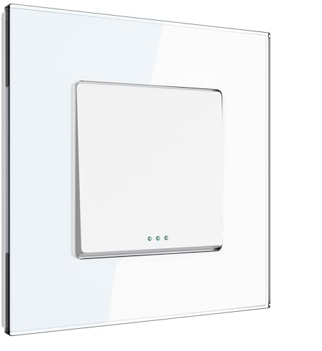 PULSAR Unterputz Lichtschalter Weiß Glas 1-Fach, Schalter mit Glasrahmen 10 A 250V, Wandschalter Ein-Ausschalter Einzeln