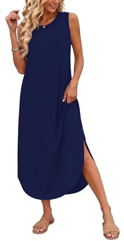 AUSELILY Vestito Lungo Donna Estivo Vestito da Spiaggia Mare Abito T-Shirt Donna Lungo Maxi con Spacco Laterale e Tasche Blu Navy S