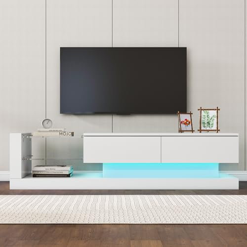 soges Meuble TV pour Centre de Divertissement, Support TV avec Lumières LED, Banc TV Blanc avec Étagères, Armoire pour Salon, Chambre à Coucher 140 cm x 38 cm x 38 cm