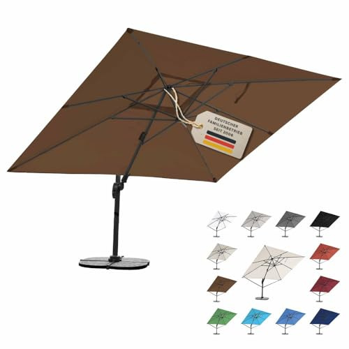 RS Trade Sonnenschirm Ampelschirm 3x4m groß rechteckig, mit Windsicherung, Ständer und Schutzhülle, drehbar neigbar kippbar mit Kurbel, windstabil für Garten Terrasse Balkon Gastronomie, braun