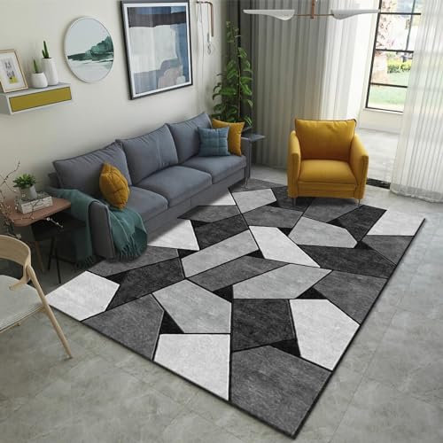 Tzvpsu Dekoration Wohnzimmer modern Strapazierfähiger, Rutschfester Wohnzimmerteppich, Grau-schwarzes Geometrisches Design,vorleger Teppich Eingang,Tisch Dekoration 80x120cm