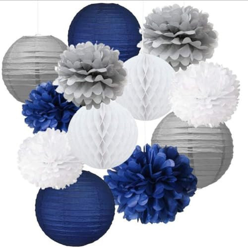 12 Stück papierlampion Seidenpapier Pompoms Wabenbälle Dekorpapier Papierlaterne Bienenwabenball für Geburtstag Hochzeit Party Babydusche Abschlusszeremonie Hintergrunddekoration,Blau Weiß Grau