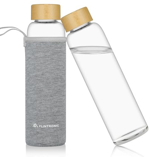 flintronic Borraccia in vetro borosilicato, 550 ml, per bevande calde e fredde, a prova di perdite, con maniche protettive, coperchio in bambù, per casa, viaggi, sport (senza BPA)
