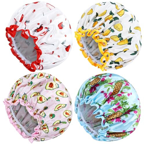 Yoosit 4 PACK Double Layer Waterproof Reusable Satin Shower Caps with Adjustable Bath Hair Caps Stretchy EVA Bathing Hats Bonnets Curly Long Braids Hair for Women Girls (pack of fruits)