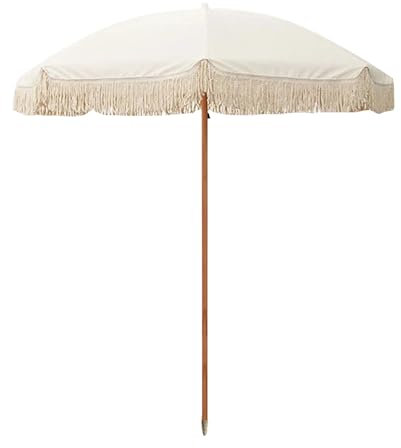 Sljovexity Parasol À Frange Blanc Avec Manivelle D'ouverture, Parasol De Jardin Exterieur 2m Rond Imperméabilisée, Parasol De Terrasse Deporte Avec 8 Baleines Et Mât En Bois, Pour Balcon Patio