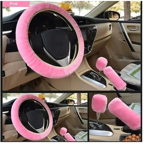 Lenkradabdeckung 3 stücke Auto Lenkrad Abdeckung Schalthebel Handbremse Schutz Dekoration Warme Plüsch Kragen Weiche Frauen Mann Kurzes Fell 38 cm Auto Lenkradhülle(Farbe:Grey)