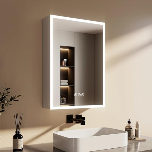 EMKE Spiegelschrank Bad mit Beleuchtung, 50x70x14,5 cm, Dimmbar | 3 Lichtfarbe, Antibeschlag, Steckdose, Glasablage, Silberner Doppelspiegel, Speicherfunktion, Acryl-Leuchtmaterial