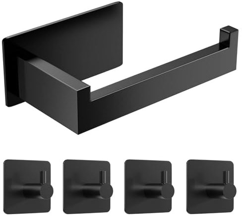 Siblaies Toilettenpapierhalter Ohne Bohren,Klopapierhalter Ohne Bohren,Selbstklebend Klorollenhalter WC Papierhalter Edelstahl Rollenhalter Toilette mit 4 Stück Handtuchhaken für Küche Bad Schwarz