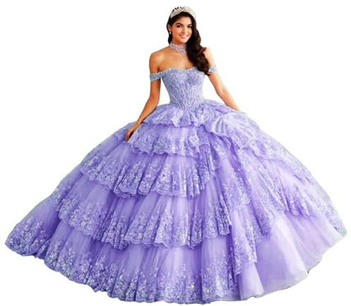 TSxuelian Vestidos de quinceañera de princesa escalonados para mujer, con hombros descubiertos, vestidos de baile de boda, vestidos de baile hinchados y dulces con lazo, Lila, 54