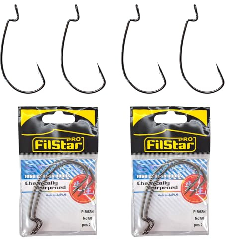 PRO FILSTAR Offset Haken Set 4 Stück N7/0 – Cheburashka Haken - Dropshot | Jighaken für Gummifische Montage - Jig Head - Sport Fishing Hooks Set - Zander & Hecht & Forelle Angelhaken