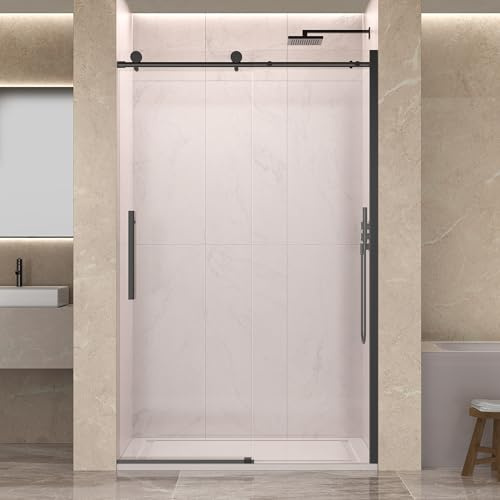 ENSO SENKA 44-48” W x 76” H Frameless Sliding Shower Door, 5/16 (8mm) SGCC Tempered Clear Glass with Easy-to-Clean Coating, Matte Black