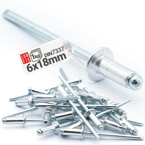 LUN FIX Aluminium Blindnieten DIN 7337 6 x 18 mm 1 kg Silber Kuppelkopf | Popnieten mit Stahldorn, Nieten Set für Metall Blech Montage Reparatur Industrie Werkstatt KFZ Bau
