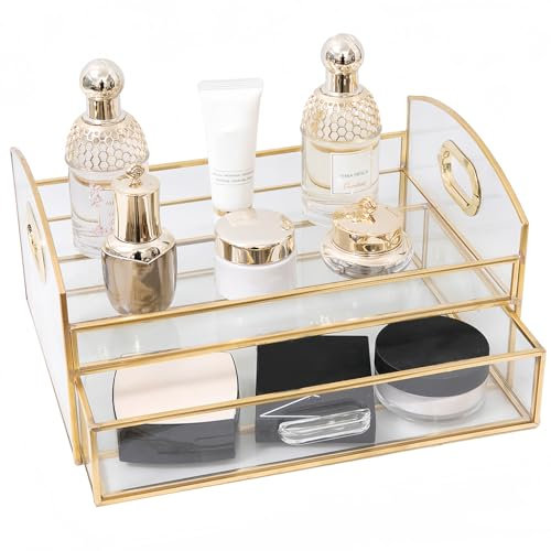 HARLIANGXY Make up Kosmetik Organizer mit Schubladen, Kosmetik Aufbewahrung Große, Cosmetic Organizer aus Glas, Schmink Organizer Box, Skincare Aufbewahrung für Schlafzimmer Badezimmer