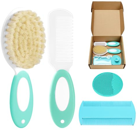 Baby Hair Brush and Comb Set, 4Pcs Baby Soft Bristles Brush Cradle Cap Brush Hair Comb for Newborns Toddlers Boys Girls (Green)