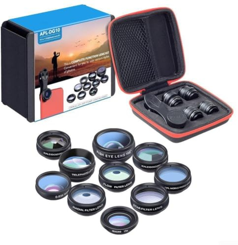 10-in-1-Objektiv-Set mit 17-mm-Objektivclip, kompatibel mit den meisten Smartphones, inklusive Weitwinkel, Makro-, Fischaugen-, Tele- und CPL-Filtern
