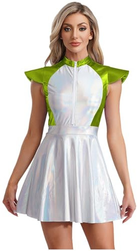 Jugaoge Damen Alien Kostüm Metallic Astronauten Kleid Kurzarm Skaterkleid mit Farbblock Ausgestellt Rock Halloween Cosplay Weltraum Outfit Grün S