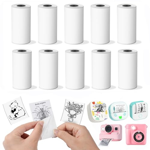 T02 Thermopapier Kinderkamera für Kinder Sofortbildkamera,10 Rollen | Kompatibel mit GREENKINDER/HiMont/Hangrui/Gofunly/ORGSTA S002/M02 Pro/M02X Mini Thermodrucker Klebend Etikettenpapier, Weiß