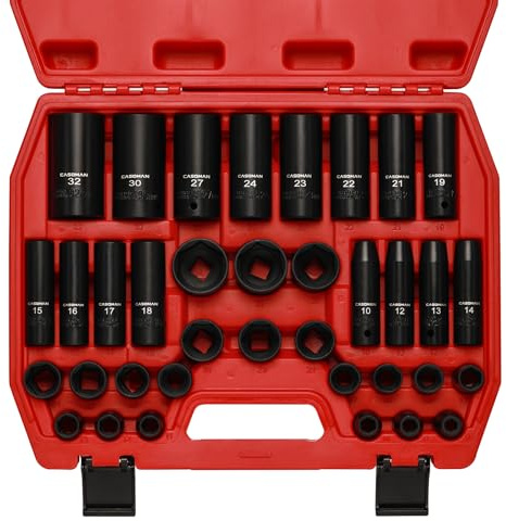 CASOMAN 36-Piece 1/2” Drive Metric Deep and Shallow Impact Socket Set, 6-Point, CR-V, for Auto Repair, with Portable Case, Rugged Construction