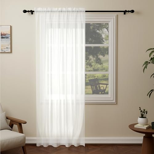 Pacok White Voile Curtains, 90 Drop Net Curtain for Windows, Rod Pocket Sheer Curtain Panel Voile Curtains for Living Room Kitcken Bedroom W56xL90 Inch(White, 142 x 228cm)