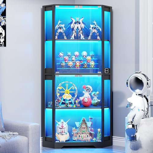 BROTTAR 4 Shelf Corner Display Cabinets with Glass Doors, 65 Tall Bookcase with Lights/Human Sensor, Display Case with Magnetic Lock for Storage for Living Room Office Bedroom, Black
