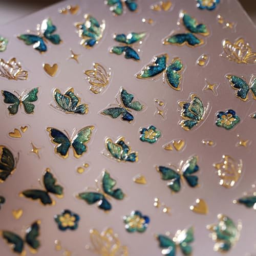 JMEOWIO 3D Nagelsticker Gold Grün Schmetterling Nail Art Sticker Selbstklebend Nagelaufkleber 5D Stereoskopisch Dekoration Nageldesign Zubehör 1 Blatt