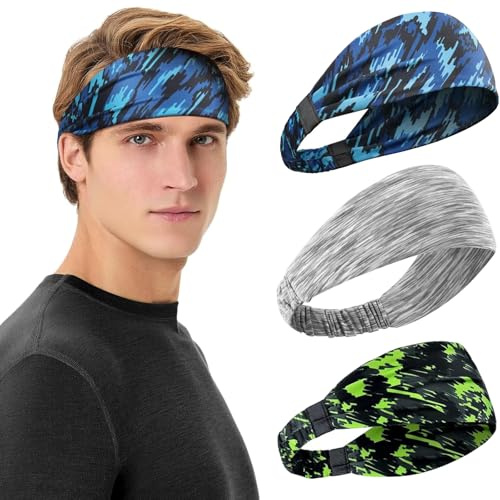 deegbbyi 3 Stück Sport Stirnband Herren, Schweißabsorbierendes & Rutschfestes Stirnband, Elastisches Atmungsaktives Haarband für Männer, Dünn Breit Design für Fitness, Laufen, Basketball & Wandern