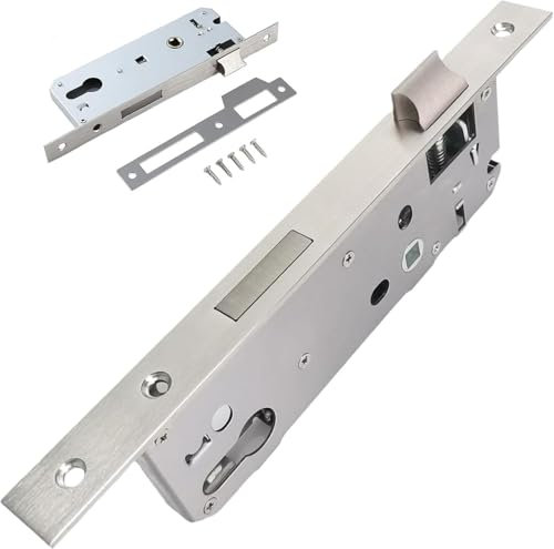Serrure à encastrer, serrure portail exterieur, Entraxe 85 mm, Têtière 240 x 22 mm, Acier inoxydable, Gâche assortie, Vis de fixation incluses,Serrure pour porte aluminium
