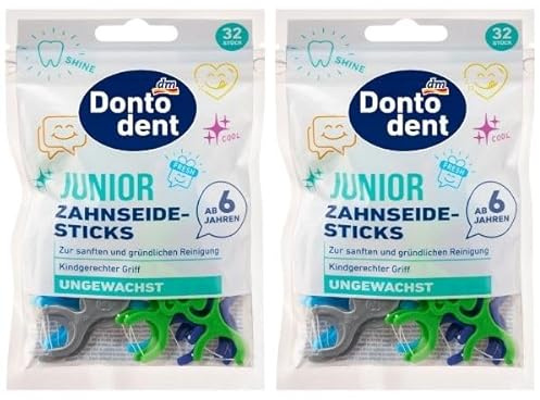 Dontodent Junior Zahnseidesticks, Kindgerechte Zahnseide mit Tiergriff, Für Kinder 64 stück
