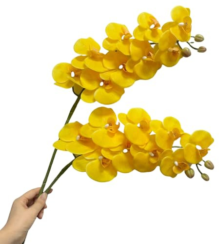 Urier 2 Pcs Orchid Stems 38 Artificial Flowers Real Touch Latex Faux Phalaenopsis Branches White Artificial Flowers for Wedding Party Home Garden Decor (Yellow, 38)