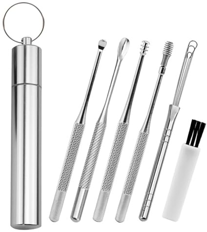 7 in1 Ohrenschmalz Entfernungs Set, Tragbar Ohr Reinigung Set, Ohrreiniger für Reinigung der Ohrenschmalz, Edelstahl Ohrenschmalz Entferner mit Einem Cleaner Pinsel und Schützende Box
