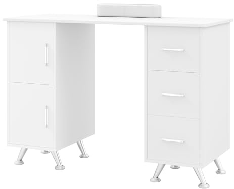 FANTASK Multifunktional Maniküretisch Schreibtisch, Nagel Tisch mit Seitanschrank & Schublade, Studiotisch Weiß, Computertisch Bürotisch