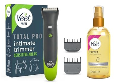 Veet Men Intimate Trimmer + Veet Multi-Benefit Pflegeöl – Intimrasur & Hautpflege Bundle für Männer – 100 ml Öl mit Vitaminen & Omega 3