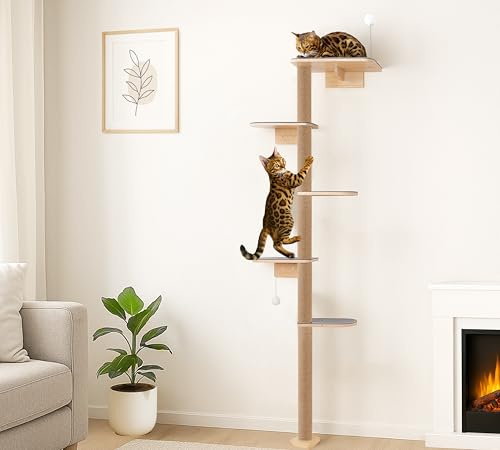 Rascador grande de 210 cm, para gatos, montado en la pared, 5 pisos, de madera natural con tela de fieltro gris resistente, para gatos, para escalada, rascar y jugar