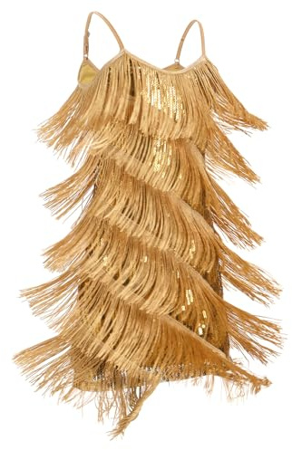 OMEWEE Kinder Mädchen Pailletten Quaste Latein Kleid Ärmellos Spaghettiträger Fransen Kleider Glitzer Tanzkleid Ballroom Party Ballett Rumba Samba Cha Cha Jazz Performance Kleid
