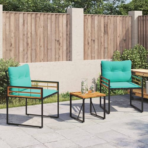 Yunovire Gartenmöbel Set 3-teilig, Türkis, Akazienholz & Stahl, mit Kissen, für Balkon, Terrasse, Garten, 2 Sitzer Sofa & 2 Stühle, modernes Design für Außenbereich, langlebiges Loungeset