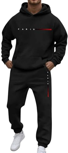Tuta da uomo in felpa, 2 pezzi, con cappuccio grafico, loungewear comoda a maniche lunghe, set coordinato, pantaloni in felpa con coulisse, tute da allenamento, tute da jogging, tute da viaggio, Nero