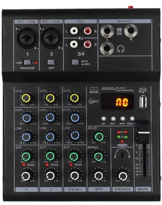 Matybobe Mini Tablero de Mezclas de 4 Canales con BT MP3 USB 48V Phantom Power para Grabación Karaoke Home Studio (Negra)