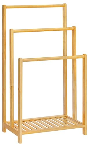 HOOBRO Towel Rack, Towel Rail Freestanding, Towel Stand for Bathroom, Drying Stand with 3-Tier Towel Rails and Storage Shelf, Bamboo, for Bath and Hand Towels, Natural EYL03LB01G1