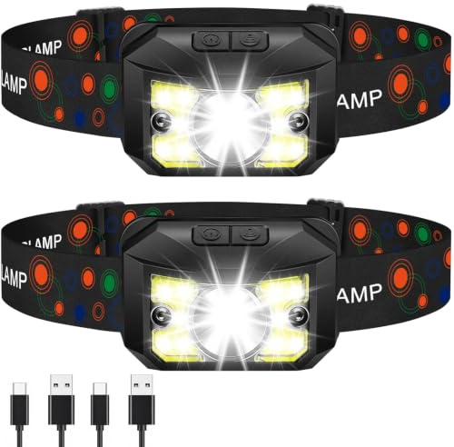 Wanocean 2 Pack Rechargeable Head Torch, Christmas Gift for Men | Waterproof Super Bright LED Headlamp,8 Light Modes With Long Battery Life,Camping Essentials,Headlight for Hiking,Running