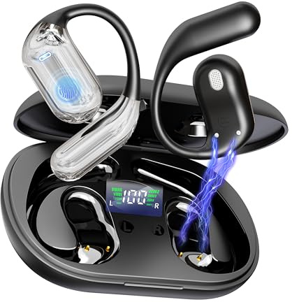 Open Ear Kopfhörer 50 Std Kabellos Bluetooth 6.1 HiFi Kopfhörer mit Flexiblem Ohrhaken 4 ENC Mic 1 std Schnellladung Type-C Kabel Doppel LED Ladebox Smart Touch Over On Ear Ohrhörer für Sport Running