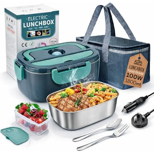 100W Electric Lunch Box for Adults, 1.8L Heated Lunch Box, Hot Food Warmer, 12/24/220V Portable Fast Heat Lunchbox with SS Container, Thermal Bag, Car & Home Food Heater for Work, Truck,Office,Travel
