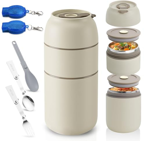 Solvio Food Flask for Hot Food, 650ml Double-decker Stainless Steel Vacuum Insulated Food Container, Leakproof Thermal Lunch Box with Folding Spoon, Soup Flasks for Adults & Kids