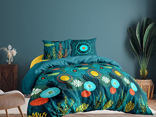 CALITEX 3-teiliges Bettwäscheset, 240 x 220 cm, Abysse, Baumwolle, Blau, 240 x 220 cm