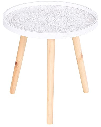 HOMCOM Coffee Table, Carved Floral Round Table with Tray-style Top and Wood Legs, Modern Side Table for Living Room, White