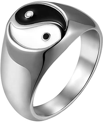 Flongo Herren Ring Edelstahl Siegelring mit Frieden Zeichen Tai Chi Yin Yang Siegel Männer Ring Daumenring Bandring Punk Hippie Ringe Biker für Damen Unisex Silber Gold