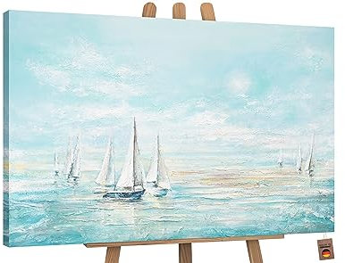 YS-Art Pintura hecha a mano en acrílico Azul marino Paisaje marino en turquesa con veleros blancos Motivo veraniego Arte moderno 120x80 cm